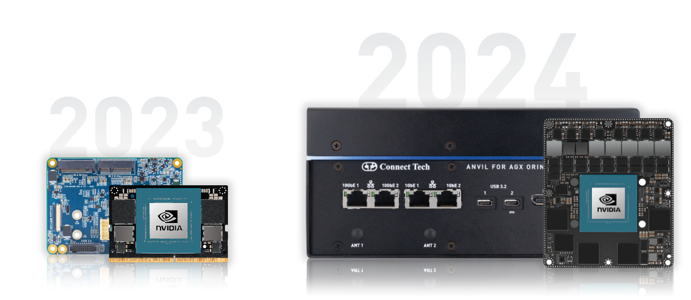 Hadron carrier board and Anvil system side by side for the years particpated in MLPerf, 2023 and 2024.