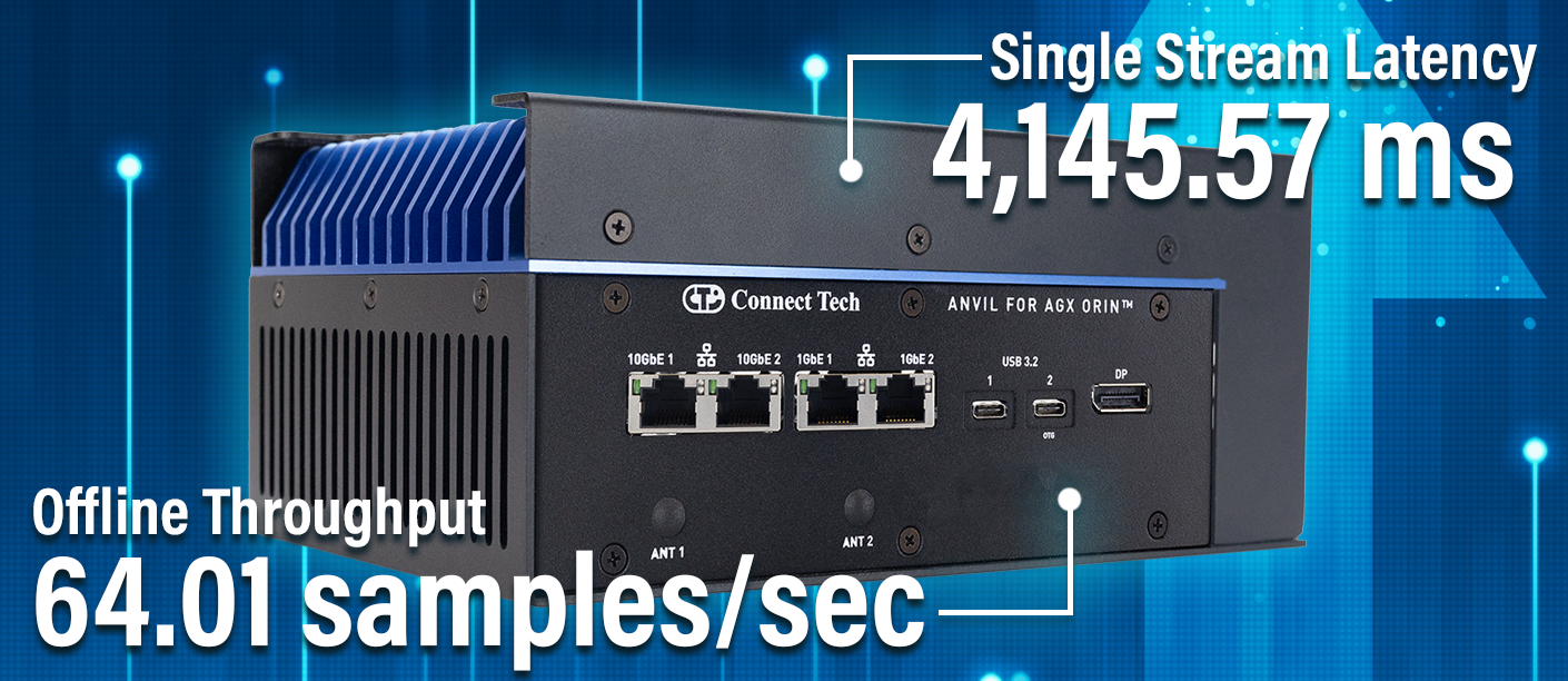 Connect Tech MLPerf results of 4,145.57 ms single stream latency, and 64.01 samples per second for offline throughput